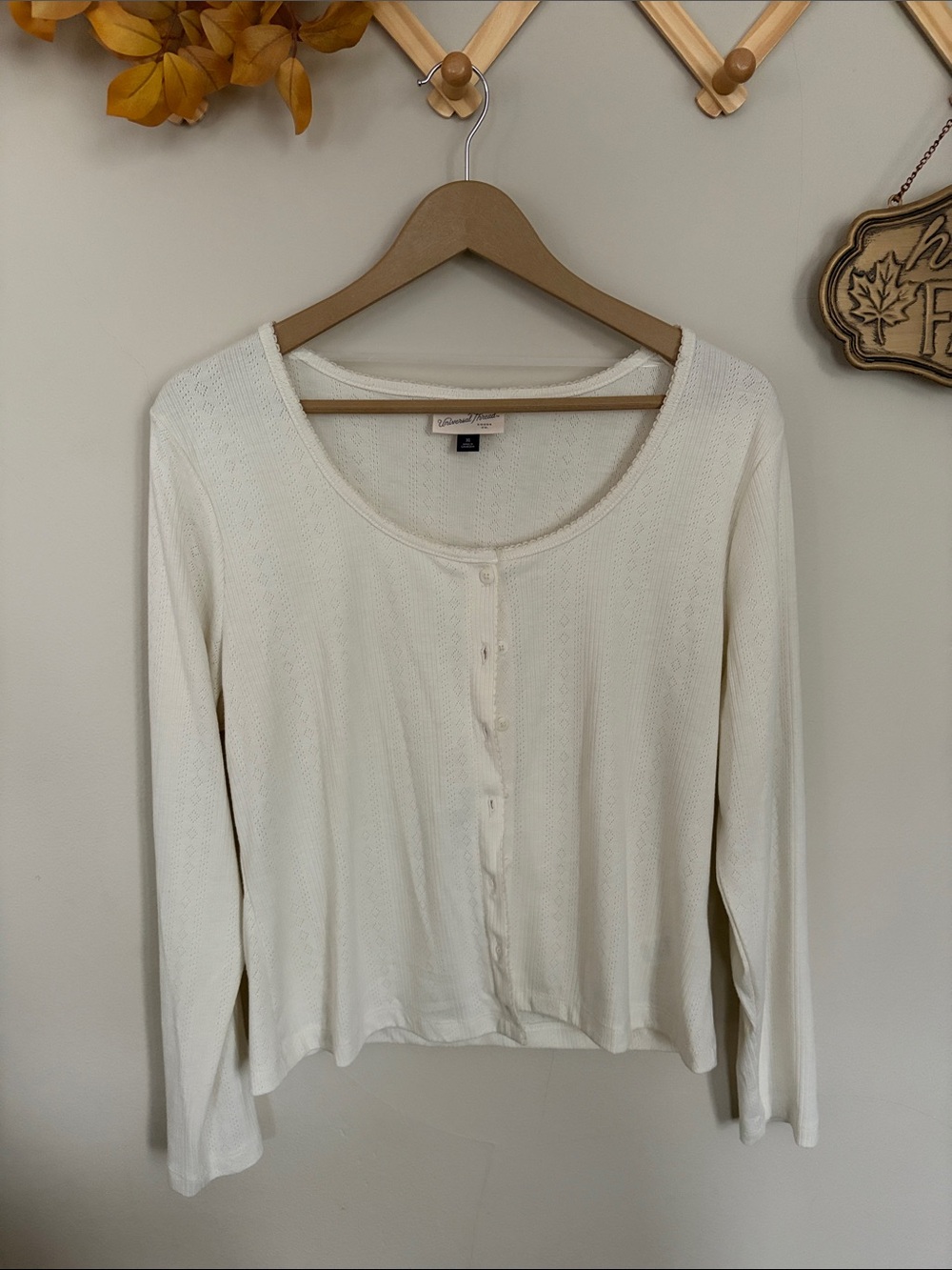 Universal Thread Cream Pointelle Long-Sleeve Button-Front Knit Top cardigan